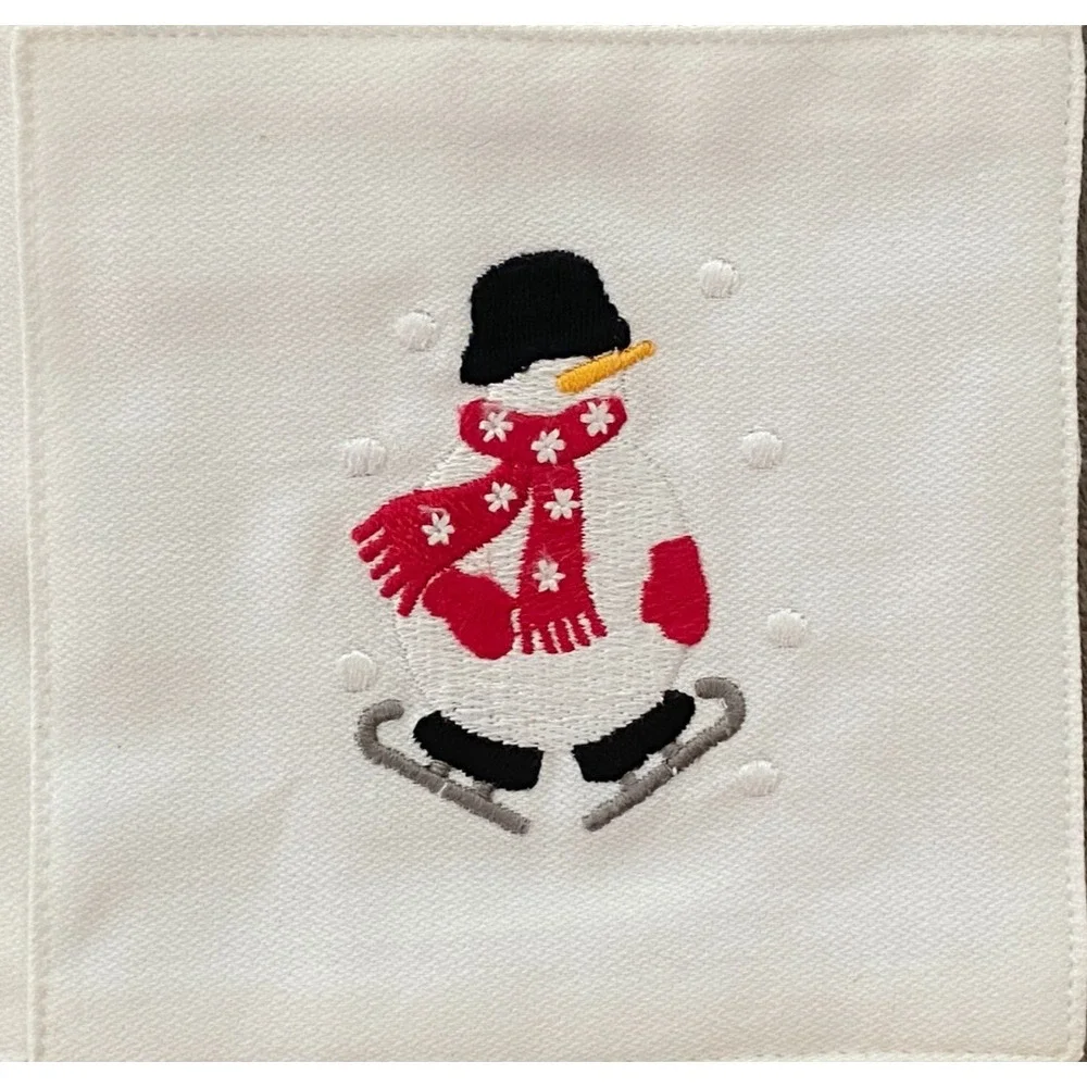 Crate & Barrel ~ 8 Embroidered Christmas Skating Snowman Cotton Coasters ~ New